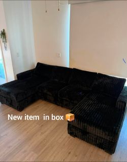 U shape sectional sofa, double chaise black fur-like jumbo corduroy