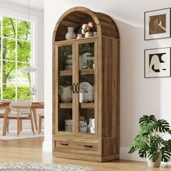 75" Tall Arched Kitchen Pantry Storage Cabinet, Farmhouse Wood Pantry Arched Cabinet with Drawer, Glass Door and Adjustable Shelves for Dining Room Li
