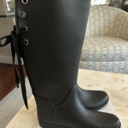 Coach Tristee Black Rubber Lace-Up Back Pull-On Tall Rain Boots Size 9 