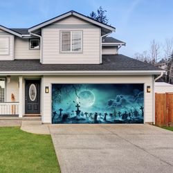 16FTx7FT Halloween Garage Door Decoration Banner - Full Moon Graveyard Backdrop Cemetery Scenery for Home Outdoor Indoor