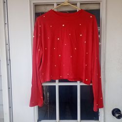 Victoria's Secret PINK Women Long Sleeve Gold Stars Cropped Top Tee Red S