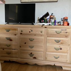 Wood Dresser, Mirror, Chest, and Nightstand 