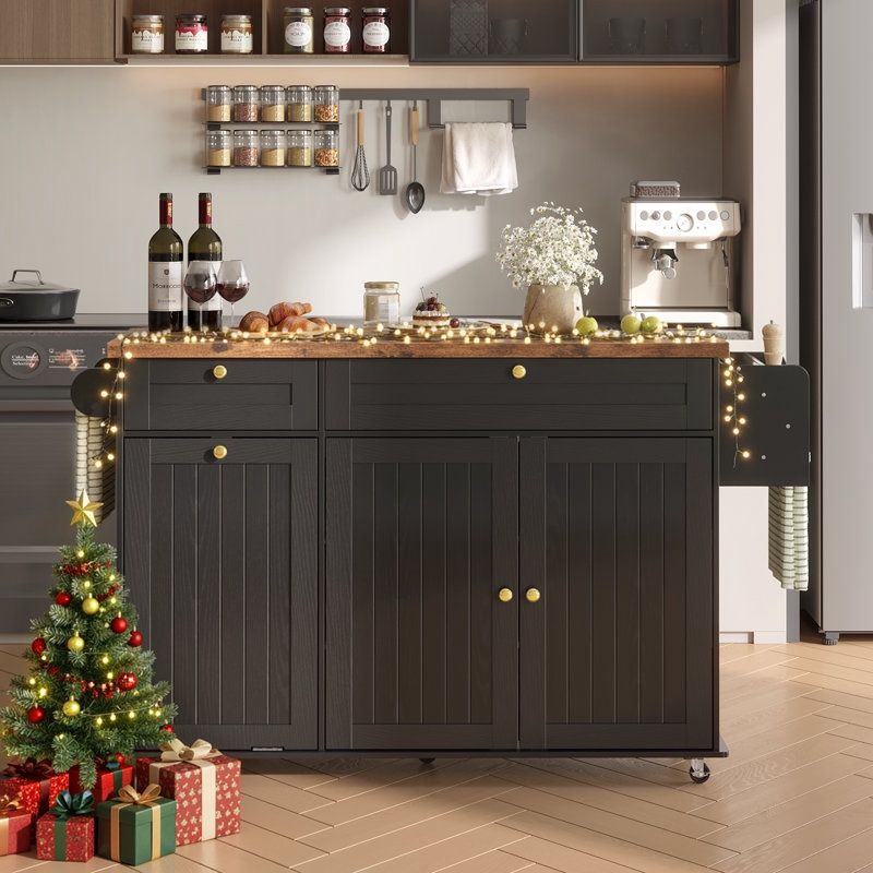 60.2"W Kitchen Island with Two Large Storage Cabinets And Drawers, Locking Wheels