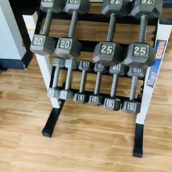 Hex dumbbells 8’s - 25’s 5 sets of weights w/ dumbells weight rack