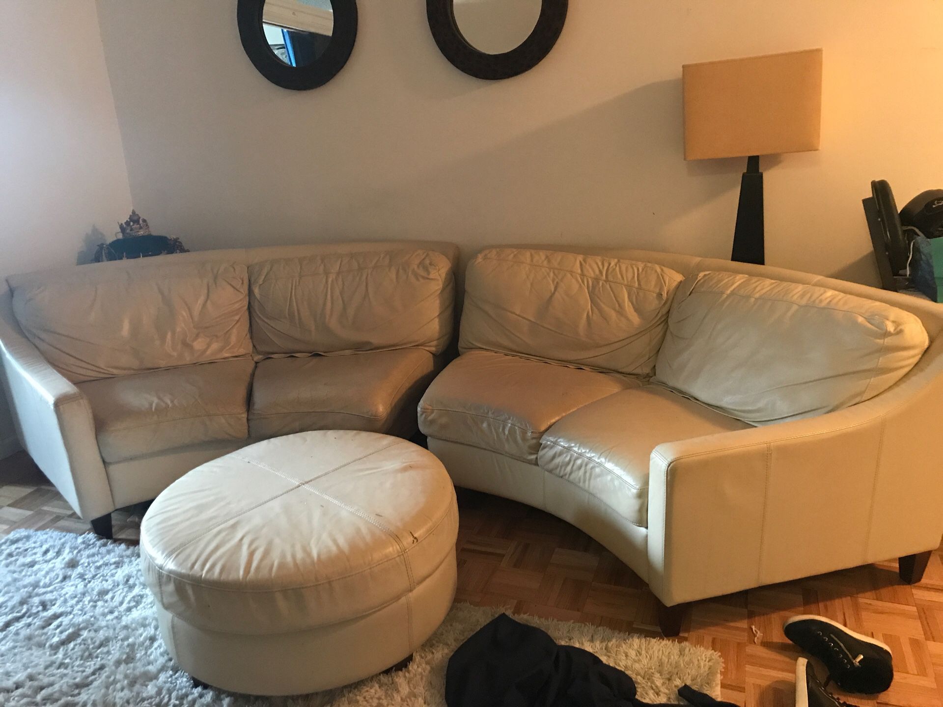 White leather C-shaped couches and ottomanFREE FREE FREE FREE
