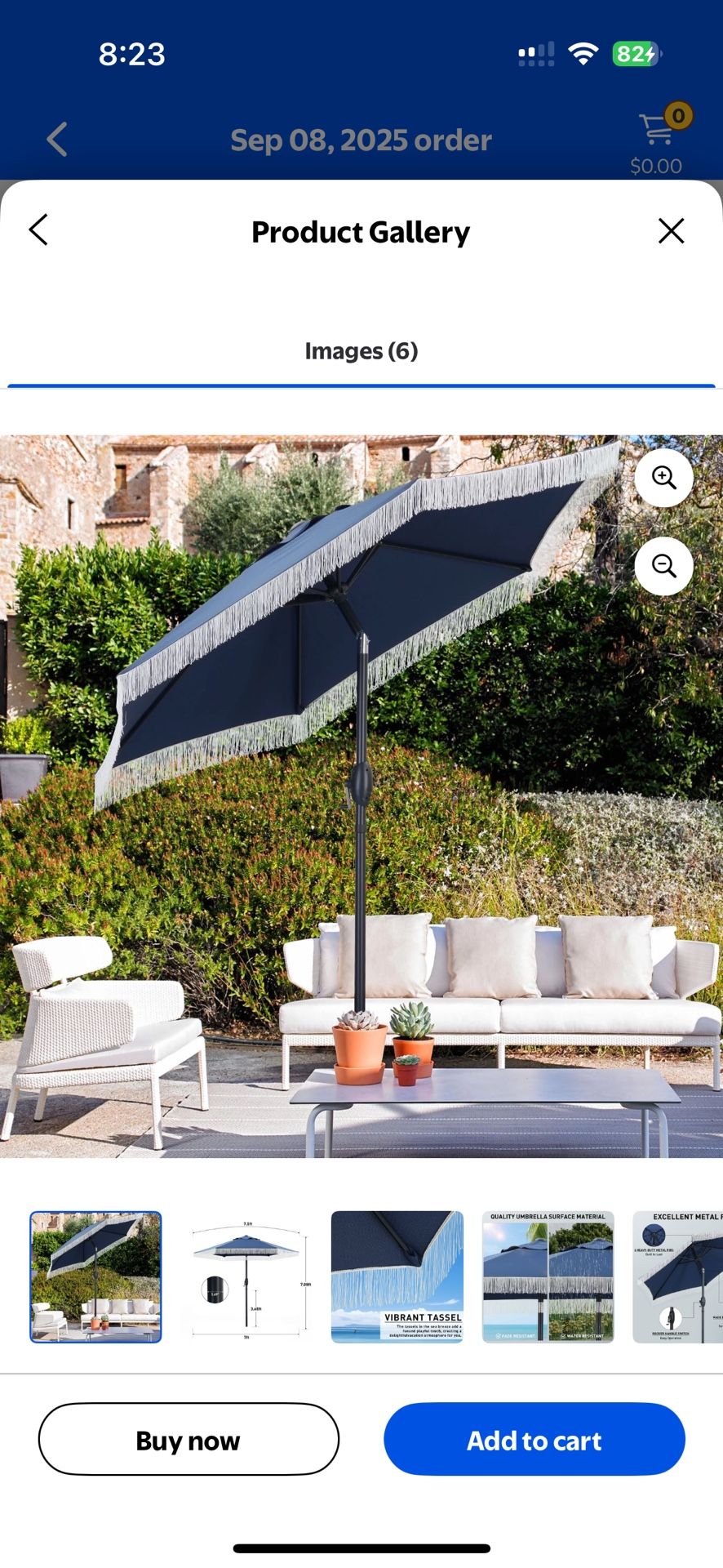 Brand New 7.5 ft Fringe Patio Umbrella, Outdoor Table Tassels Umbrella with Push Button Tilt and Crank (Navy Blue)