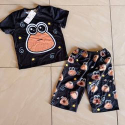 Pou Tee kids funny anime clothes Summer Baby Girls T-shirt Pants Set teenage Boy Cotton Short Tops Suit Children pajamas  Size: age 9-10
