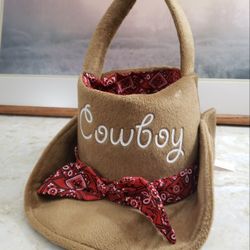 Brown Plush Cowboy Hat Novelty Basket By Dan Dee Featuring Red Bandana Print Lining & Bow And Embroidered "Cowboy" Script! Great As Decor, Halloween B
