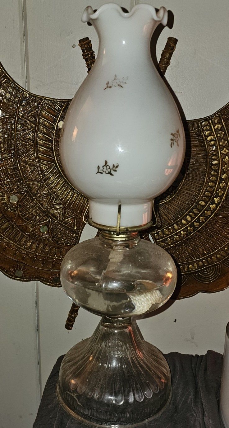 Vintage Oil Lamp Milk Glass Shade. 18.5" tall