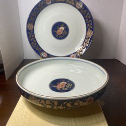 Elegant Arita Ware Plate & Deep Bowl Serving Set With Gold Floral Design Over Cobalt Blue Background With Gold Trim Japanese 