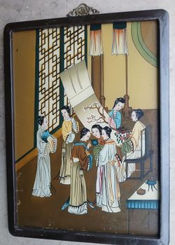 Antique Chinese Reverse Glass Painting of Courtesans Designing Scrolls *250.00* 
23" x 17"