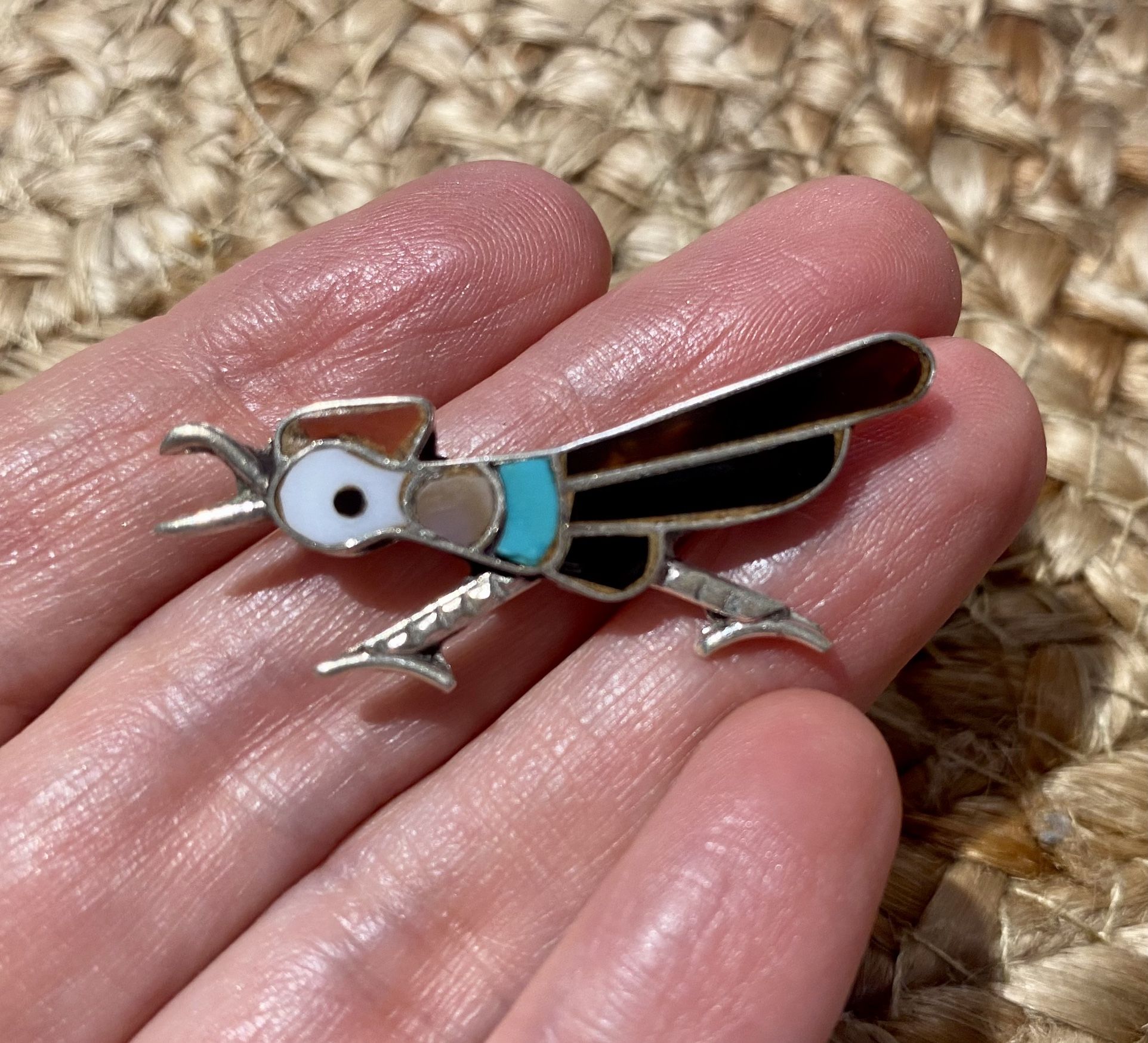 Vintage Sterling Silver Zuni Inlay Road Runner Bird Brooch