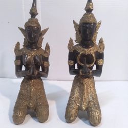 2 Teppanom Thai Angel Guardian Figurines Sacred Deity Statues 9" Gilt Bronze