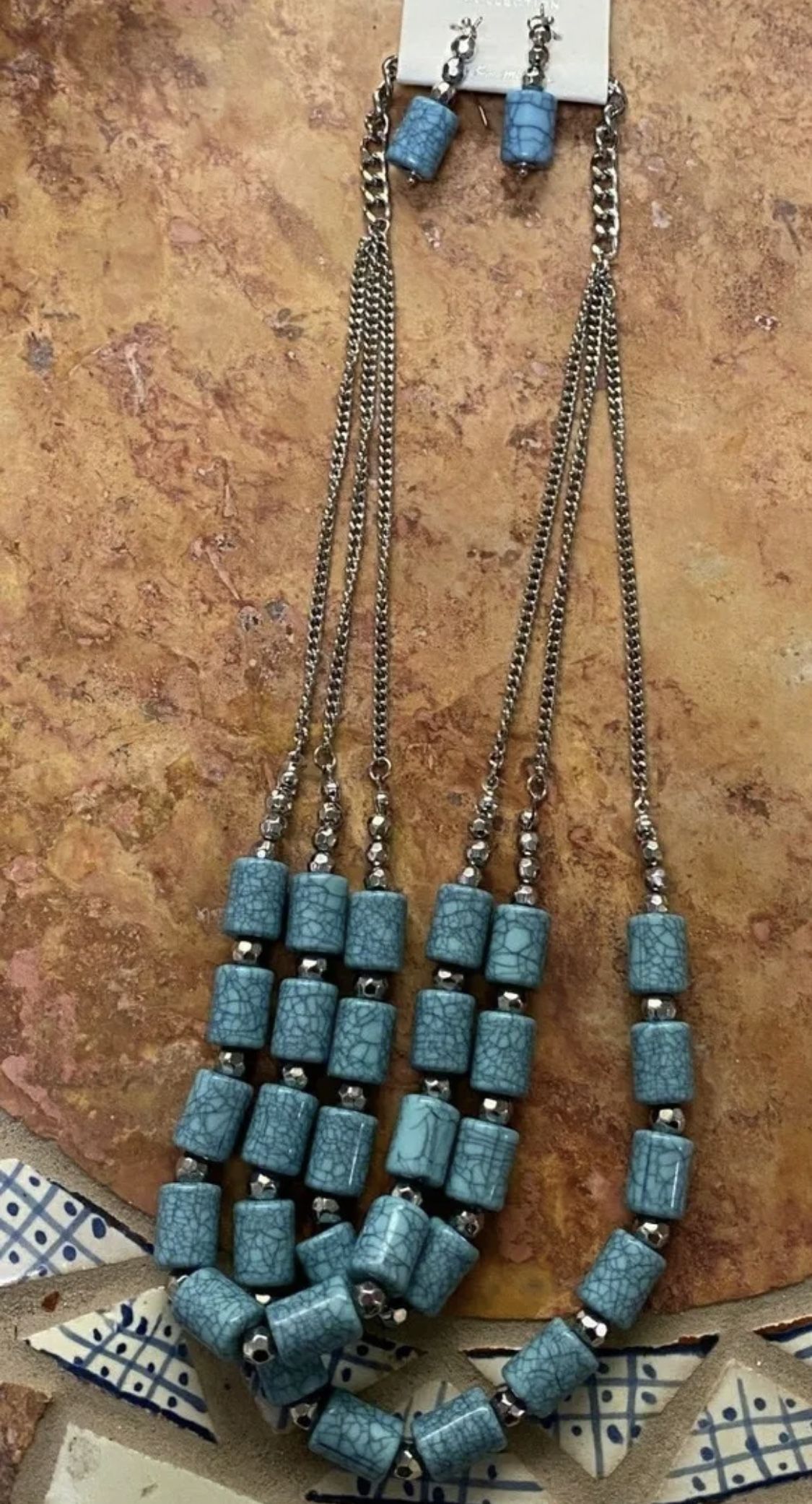 Mia Collection Turquoise Color Cylinder Bead Necklace Earring Set Triple Strand