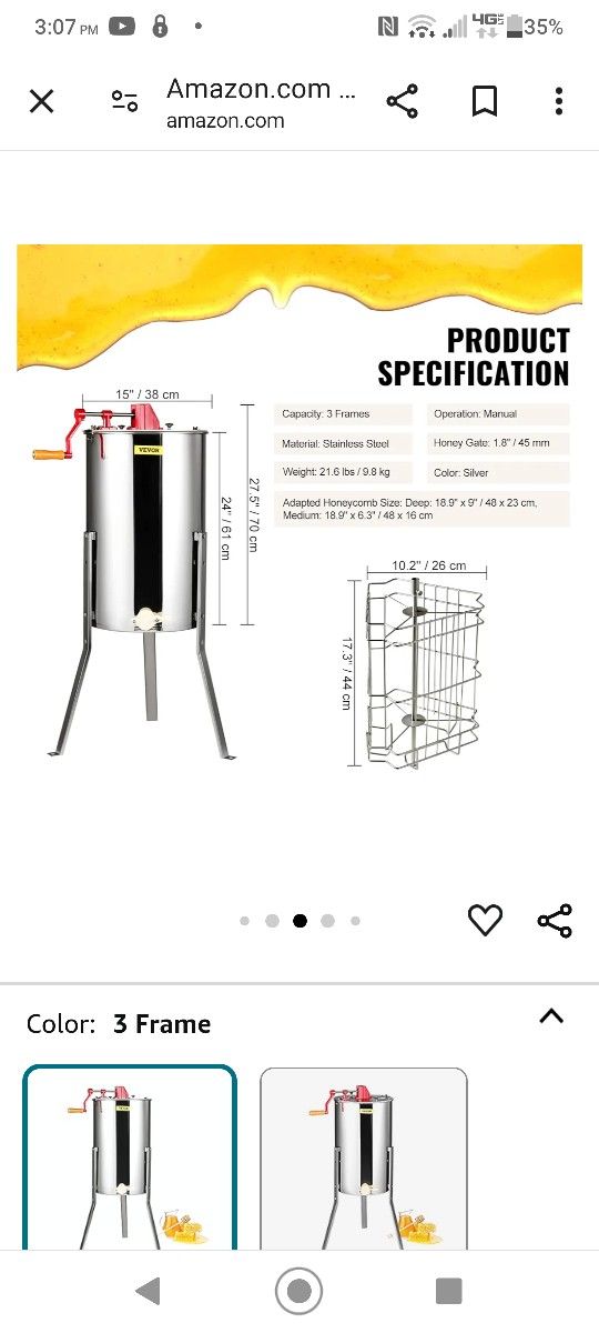 Vevor 3 Frame Manual Stainless Steel Honey Extractor