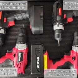 2 HyperTough 18V Drills + 2 DrillMaster 18V Drills