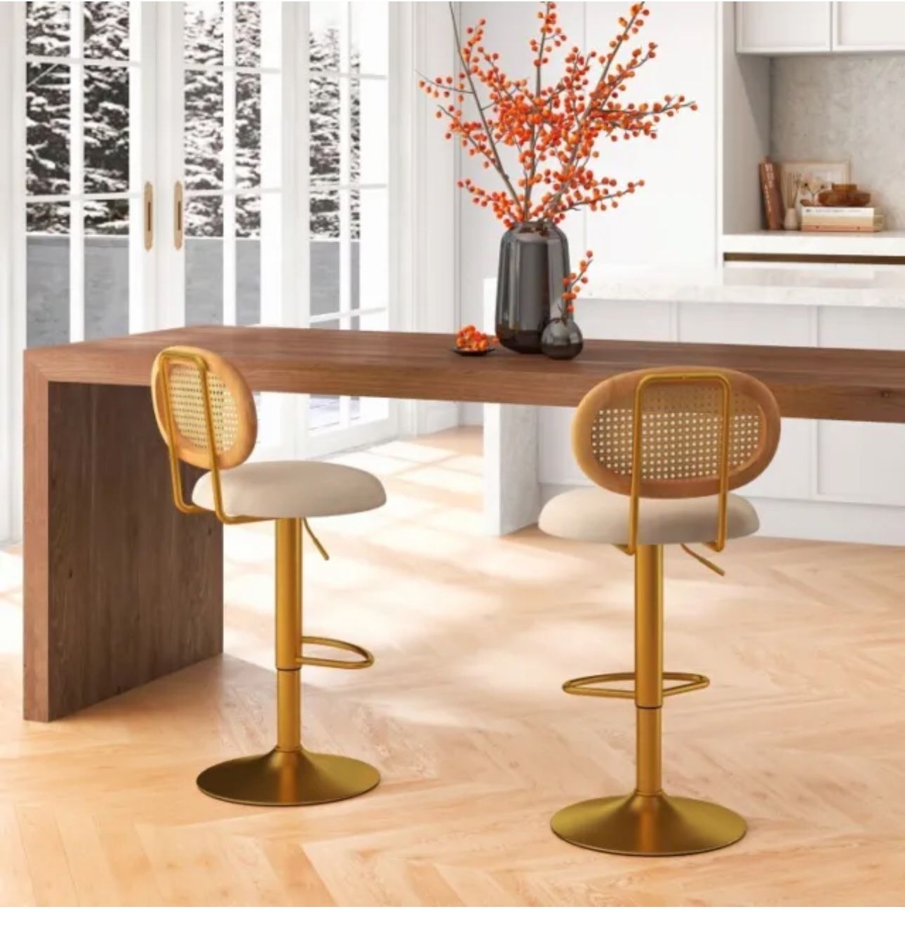 2 Pieces Bar Chairs with PE Rattan Backrest-360°Swivel and Height JV10909-2