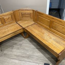 Oak corner bench seats and table and trash can cover
