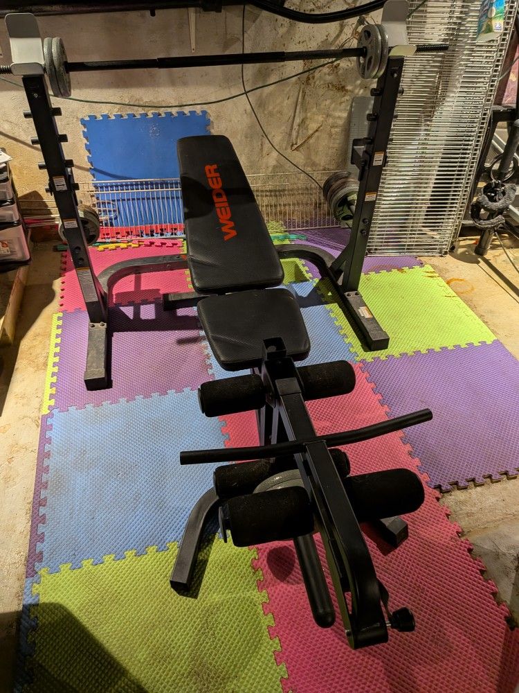 Weight Bench With Rack, Weights, Bar And Dumbbell Bars