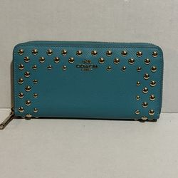 Coach Studded Crossgrain Accordion Zip Wallet in turquoise leather