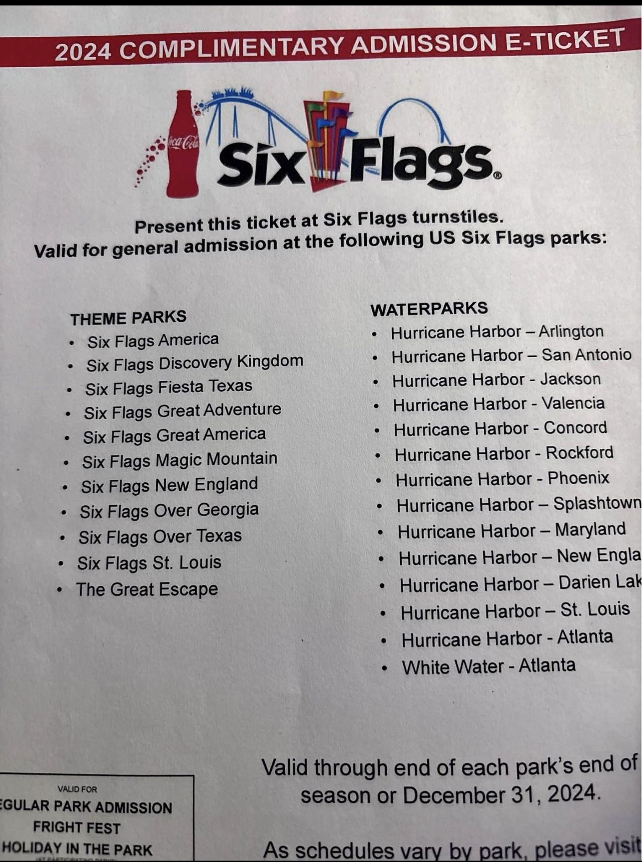 Hurricane Habor Tickets Good To December
