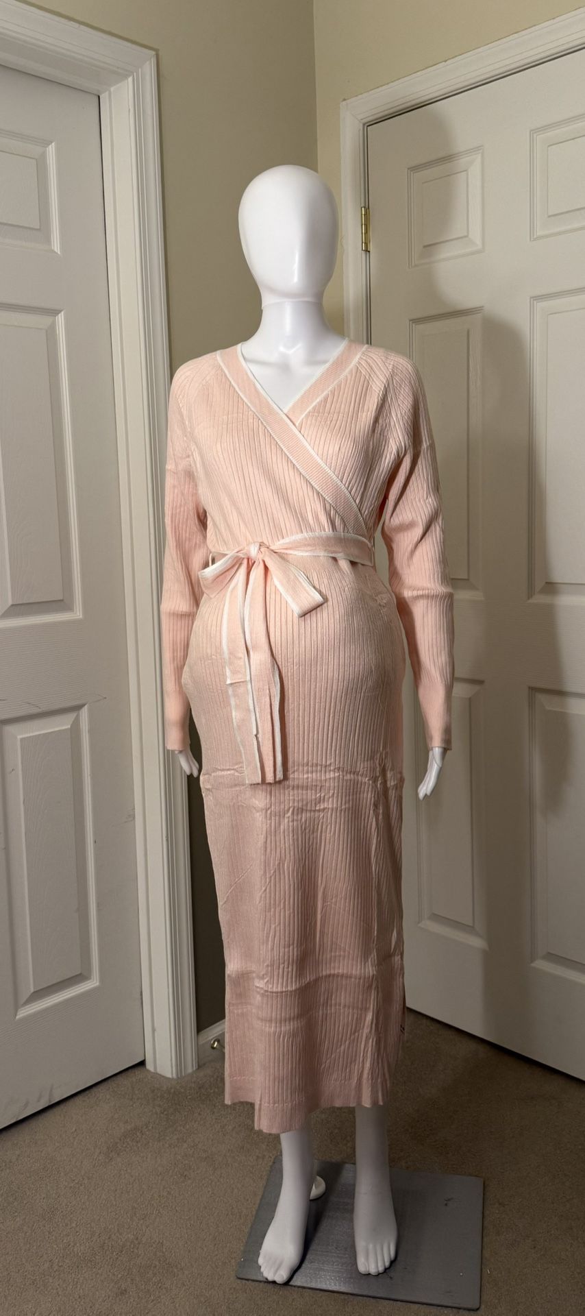 V for City Pink and White Ribbed Knit Textured Maternity Dress Size Large