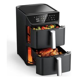 Dual Basket Air Fryer, 12.6QT Family-Size for 10-12 People, XL Basket for 6LB Whole Chicken, DoubleStack Compact Design, 10-in-1 Functions with Reheat