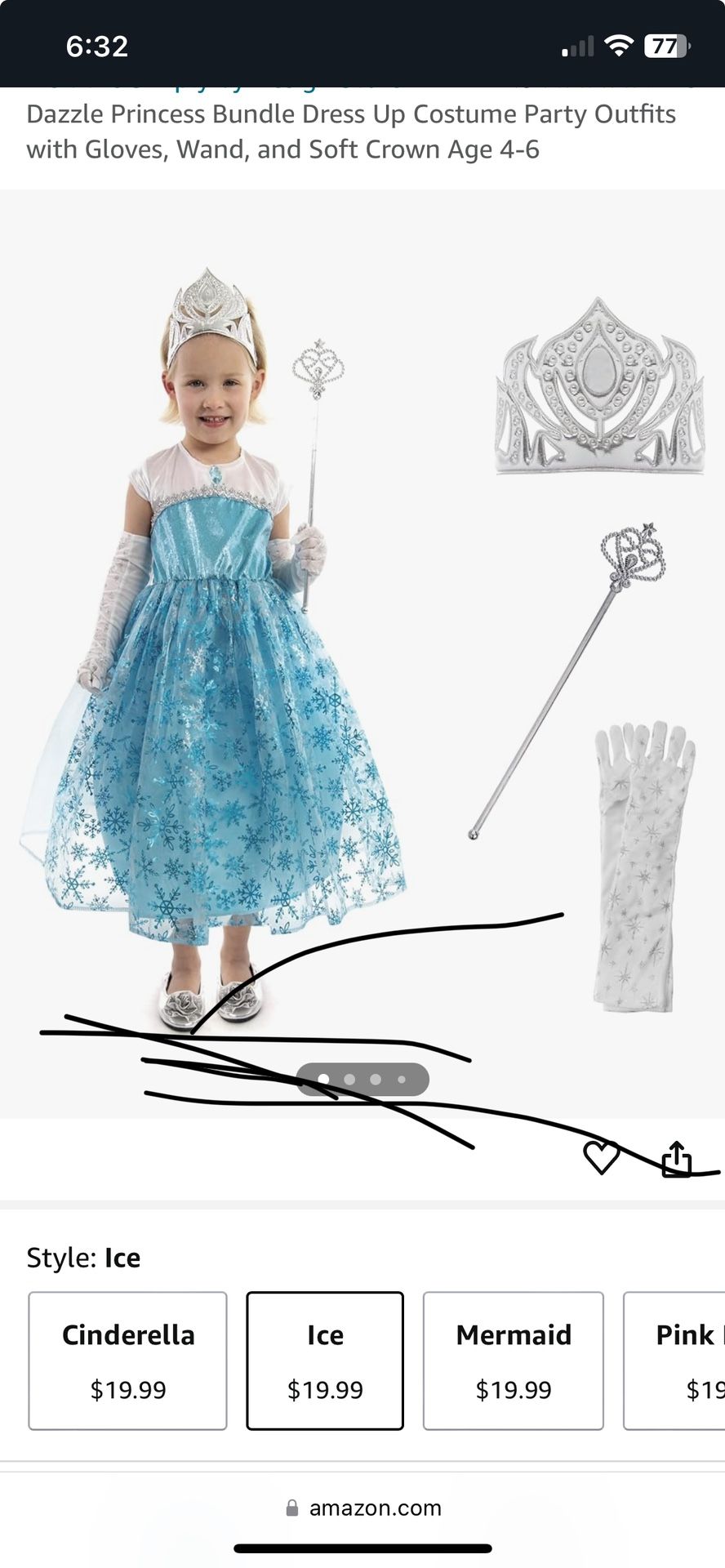 Brand New Dazzle Princess Bundle Dress Up Costume Party Outfits with Gloves, Wand, and Soft Crown Age 4-6