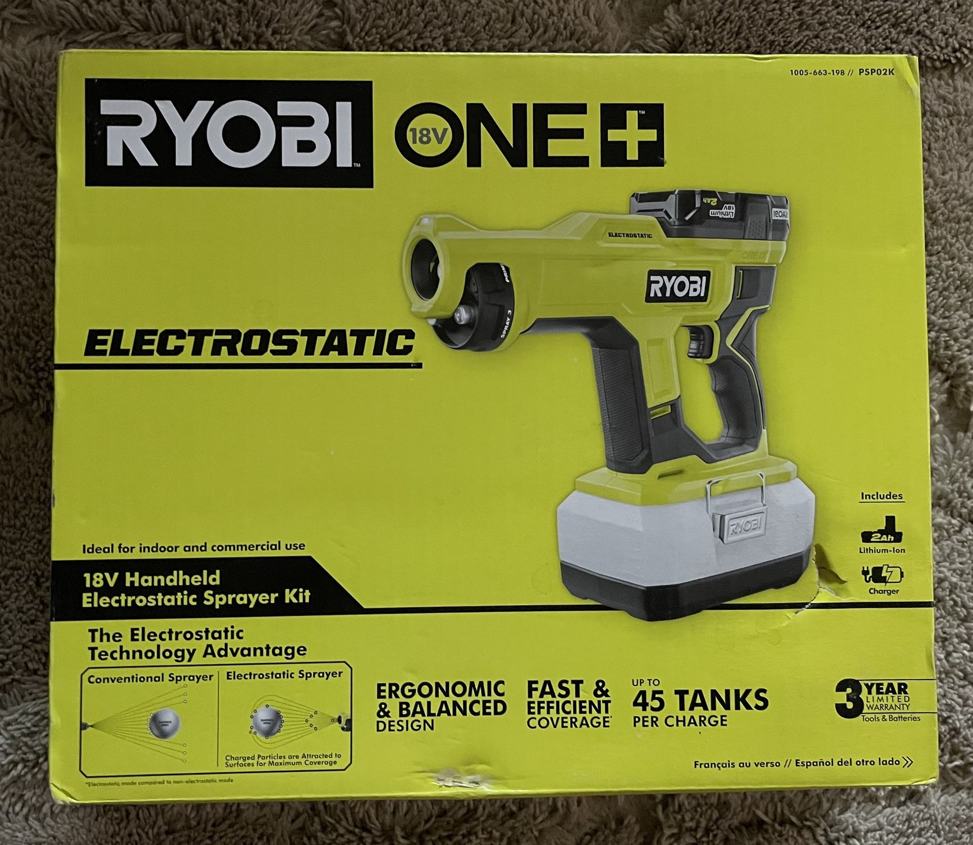 RYOBI ONE+ 18V Cordless Handheld Electrostatic Sprayer w/ High Performance 2.0 Ah Battery & Charger