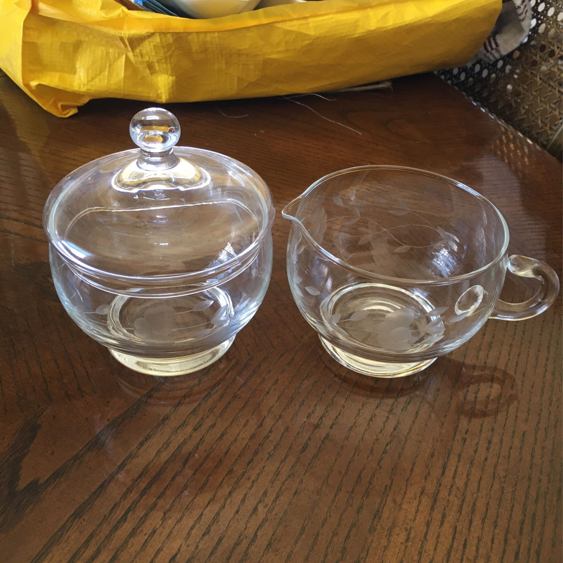 Vintage Princess House Glass Sugar Bowl w/ Lid & Creamer Heritage Pattern Floral