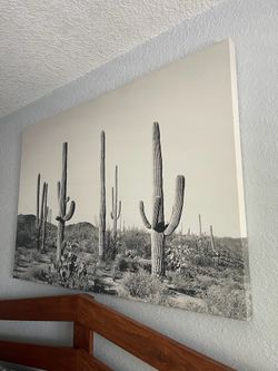 Large black and white saguaro cactus desert canvas art