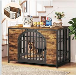 41.7" Dog Crate Furniture, 2-in-1 Configurable Dog Kennel & Playpen, Brown
Metal and Wood Dog Cage with Arched Door, Secure Latch, End Table