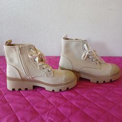 Cream Canvas Lace-Up Combat Boots