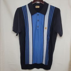 Vintage Gabicci Stipe Button Polo  Shot Sleeve Cotton Top Blue Medium Retro Bowl