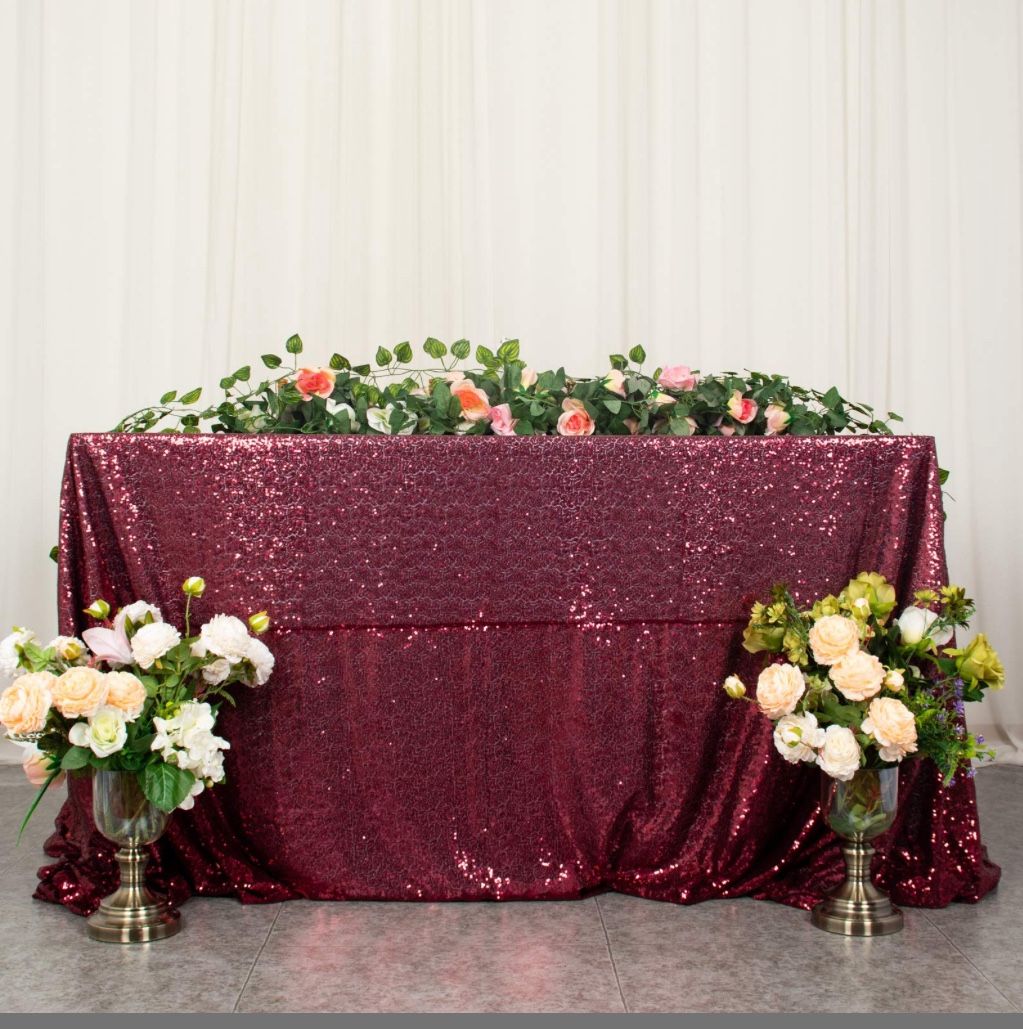 ShinyBeauty Burgundy Sequin Tablecloth 60x120-Inch Rectangle Tablecloth 8FT Sequence Maroon Table Cloths Glitter Tablecloth For Parties Burgundy Weddi