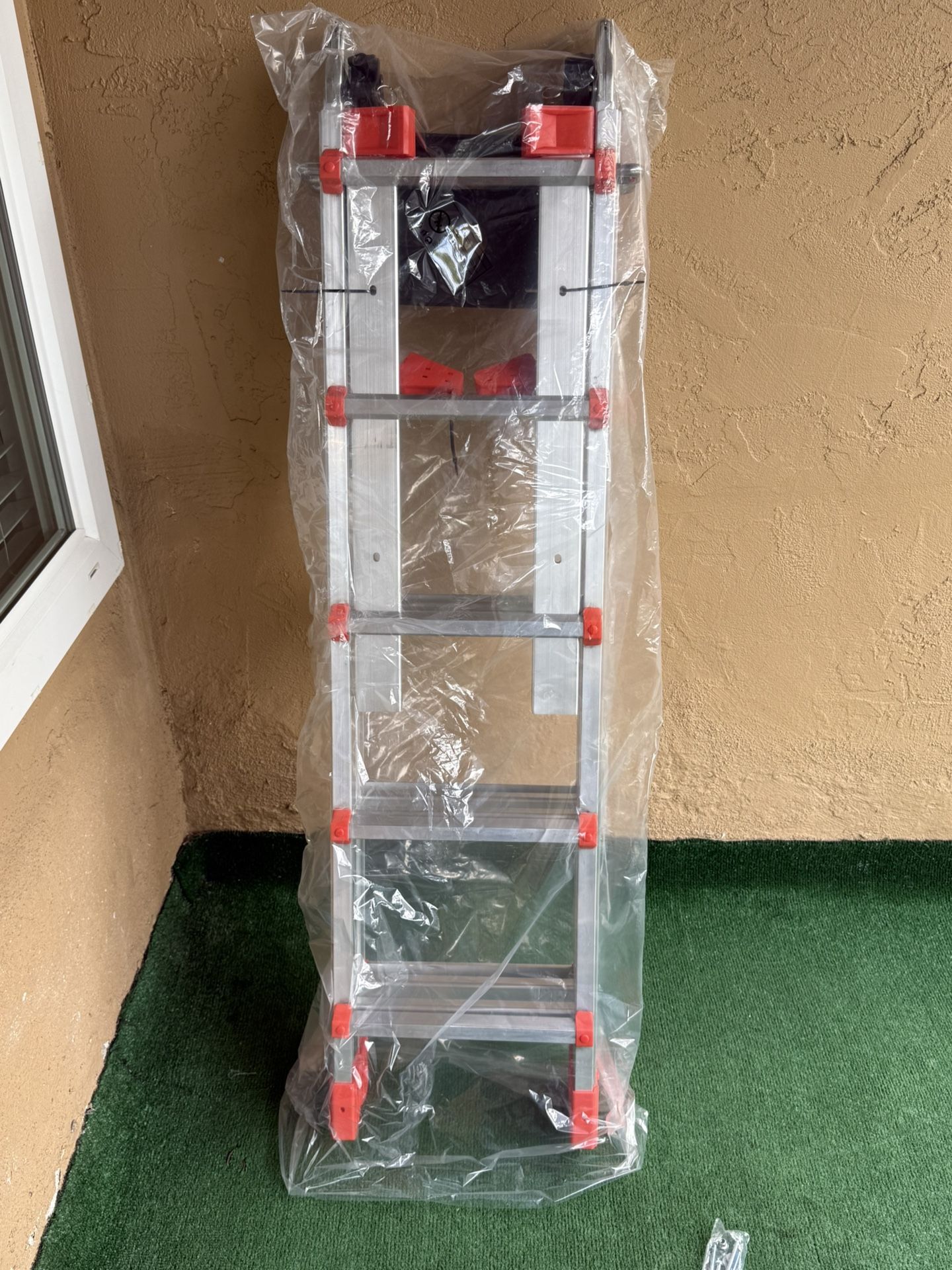 17ft Multi-Use Telescoping Ladder with Tray, Heavy-Duty A-Frame Design, 330 lbs Weight Capacity, Red & Black Metal Ladder for Indoor