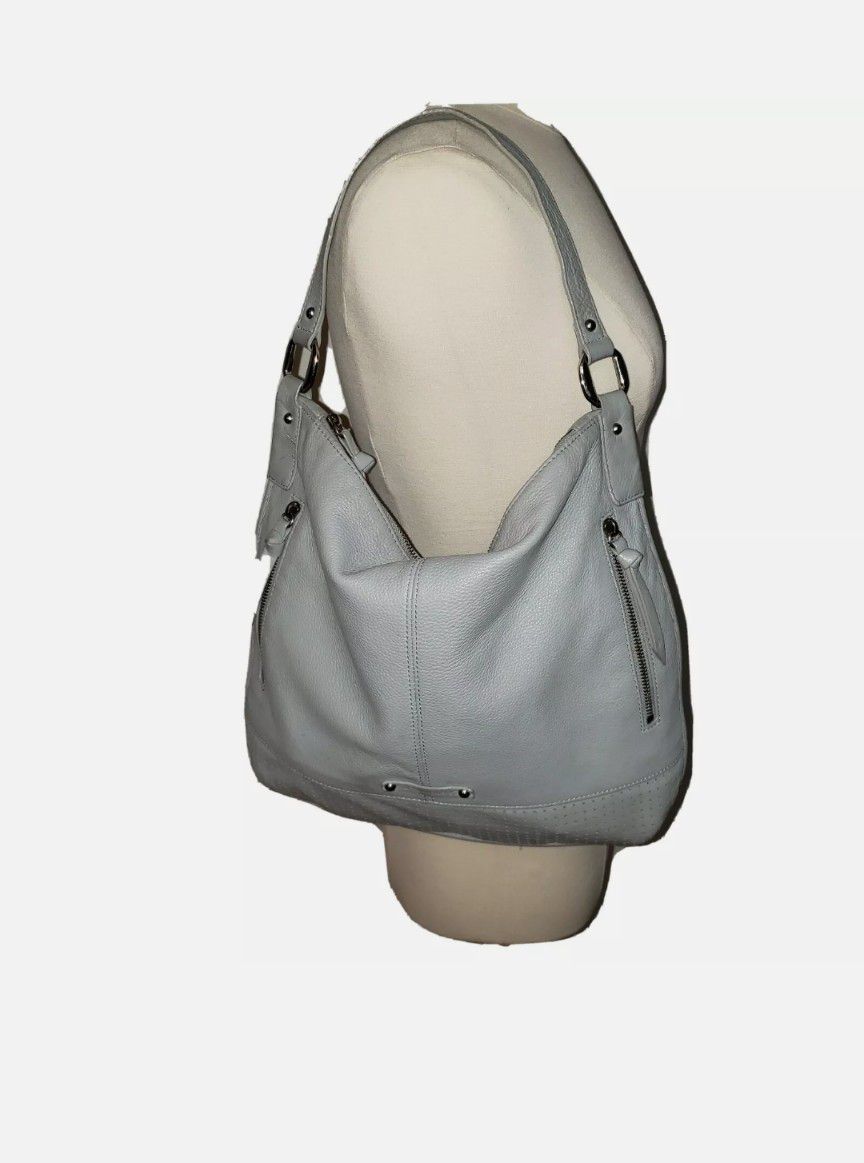 B. Makowsky Dove Grey Leather Tote Hobo Bag Handbag Purse