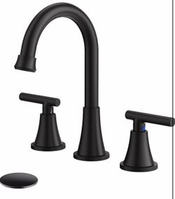 Bathroom Faucets For Sink 3 Hole,  Matte Black Bathroom Sink Faucet With Pop-Up Drain And Supply Lines, Stainless Steel Lead-Free Widespread Faucet Fo