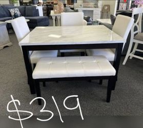 Marble top dining table set with chairs and bench
