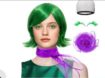 #16) AKTEAM Women Green Costume Disgust Wig, St. Patrick's Day Costumes Scarf and False Eyelashes, Short Wavy Green Cosplay Wigs for Adults Halloween 