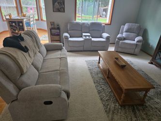 Gray chenille fully reclining three piece couch set