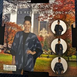 Serra Ladies Reversible Poncho One Size Blue Pattern New With Tags