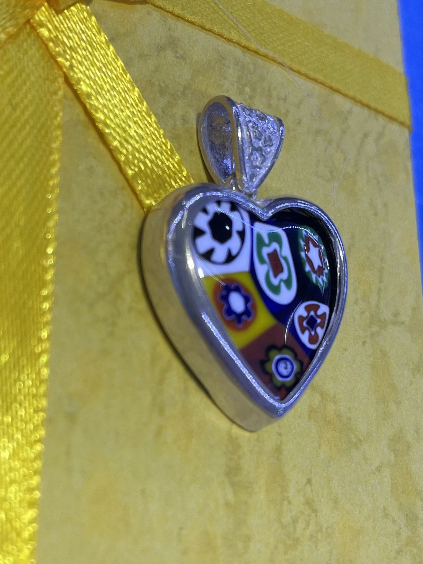 Murano Millefiori Pendant Glass Heart Set IN Sterling Silver Flower Bail Hand Engraved HAND MADE IN MURANO ITALY
