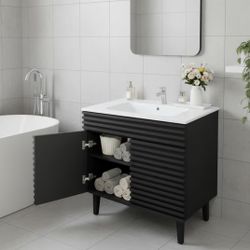 30'' Modern Bathroom Vanity Cabinet （without sink ），Freestanding Bathroom Vanities Featuring 2 Soft-Closing Doors, Water-Resistant MDF, Solid Acacia W