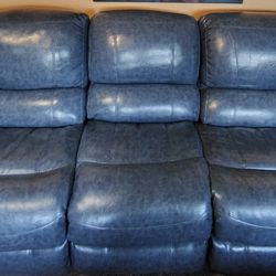 3 PC Blue Leather Sofa With Recliner Pick Up Only