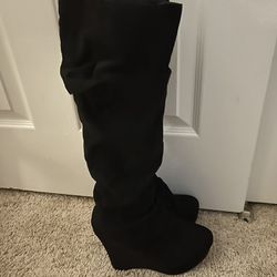 Over The Knee Black Suede Wedge Boots Size 6
