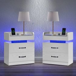 White Nightstand Set with LED Lights and Charging Station