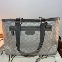 Coach Silver Gray Signature Large mixed media  zip closure tote
