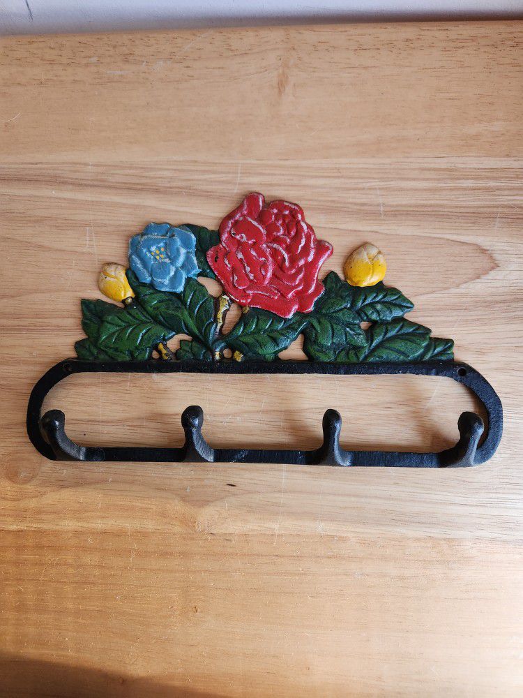 Cast Iron Floral Rack Wall Hooks Keys Garden Tool Vintage