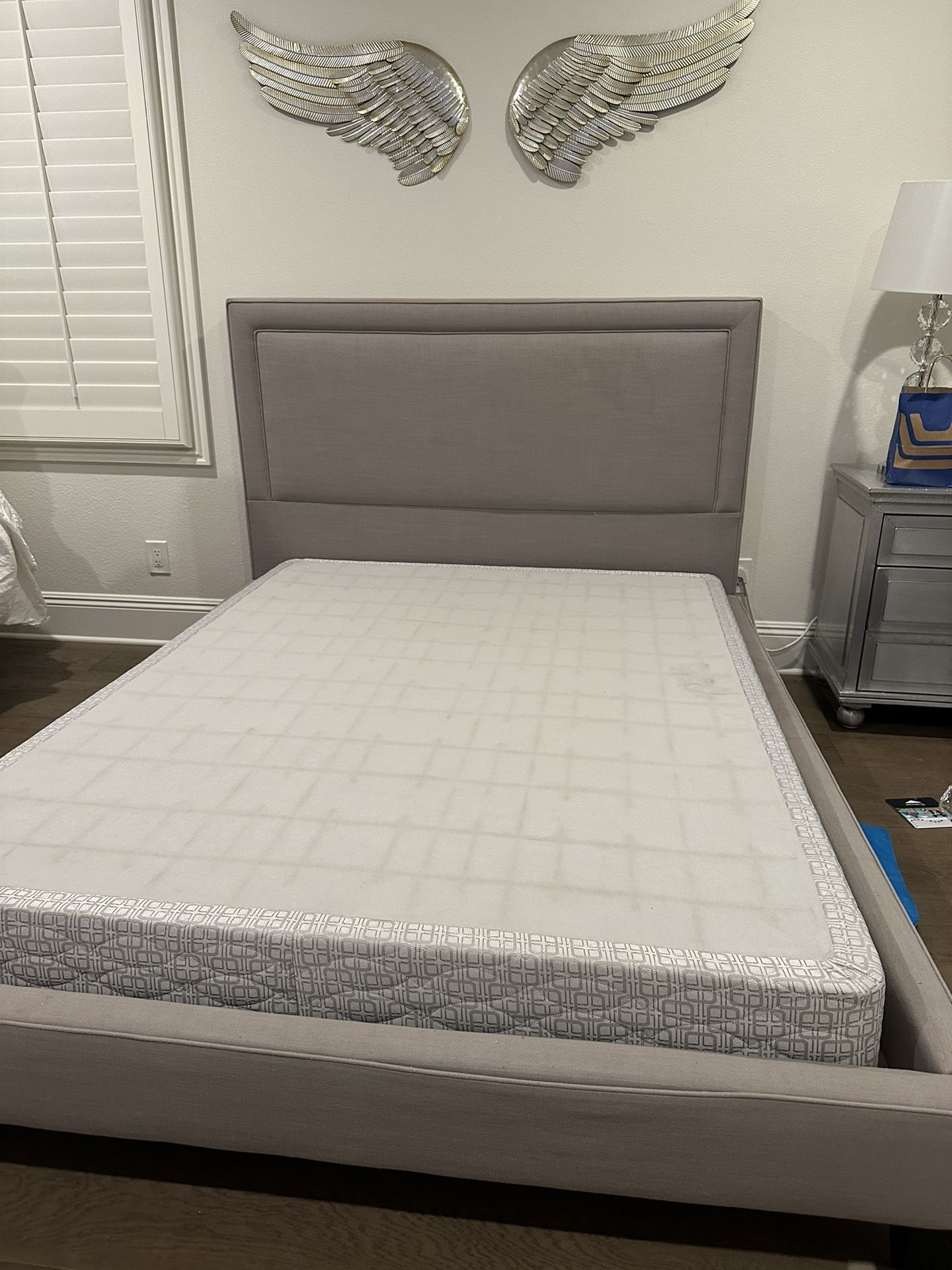 grey queen bed frame, matress and box spring 